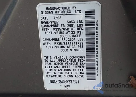 2003 Nissan Murano Se z USA, uszkodzony, nr VIN JN8AZ08W03W237371